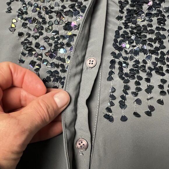 Chico's Womens Grey Sequin Shear Button‎ Down Career Top Size 2 Medium Holiday - Picture 5 of 10